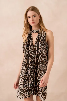 Fließendes Leopardenkleid mit Rüschen