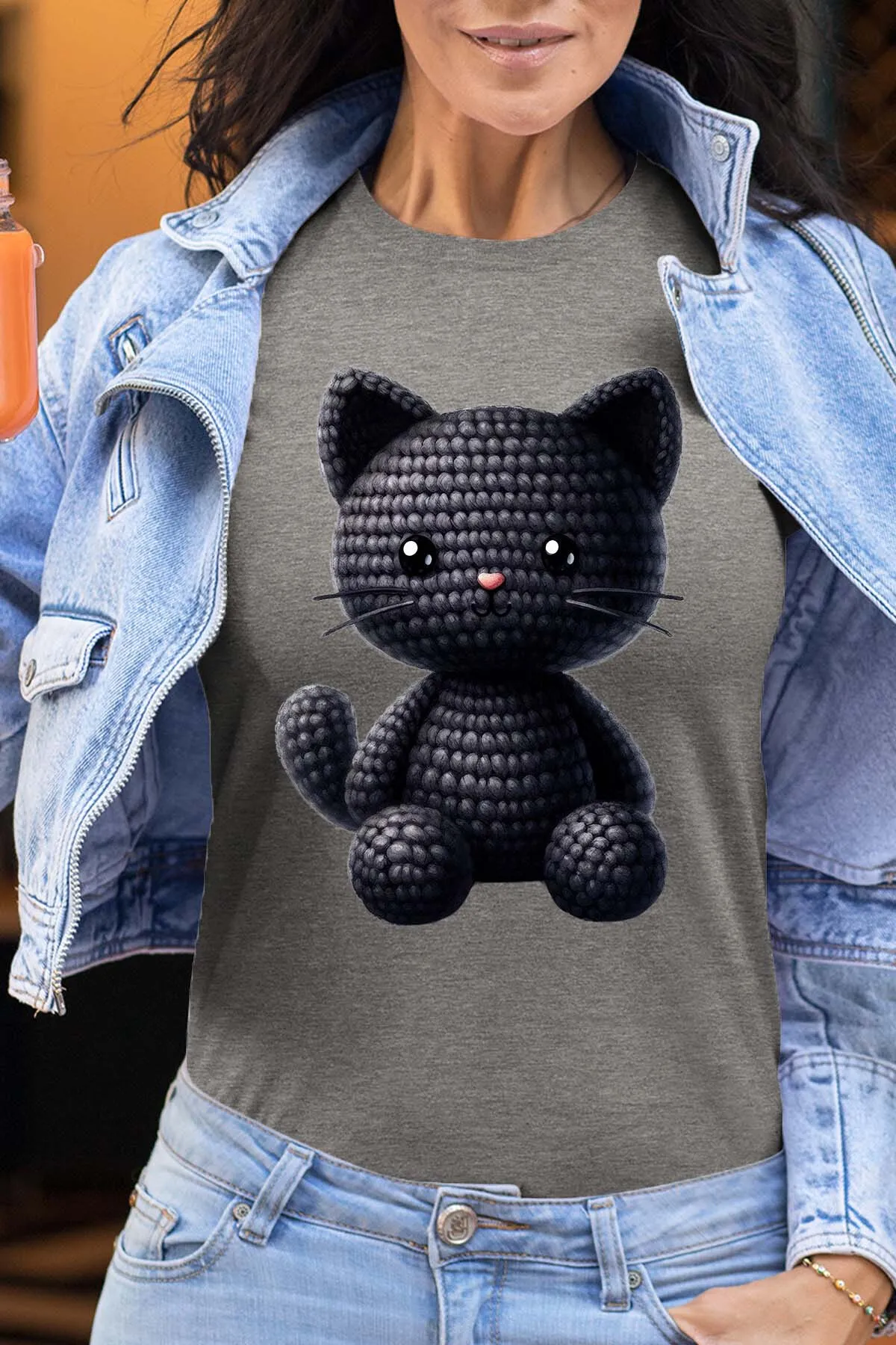Gehäkelte schwarze Katze - Damen T-Shirt