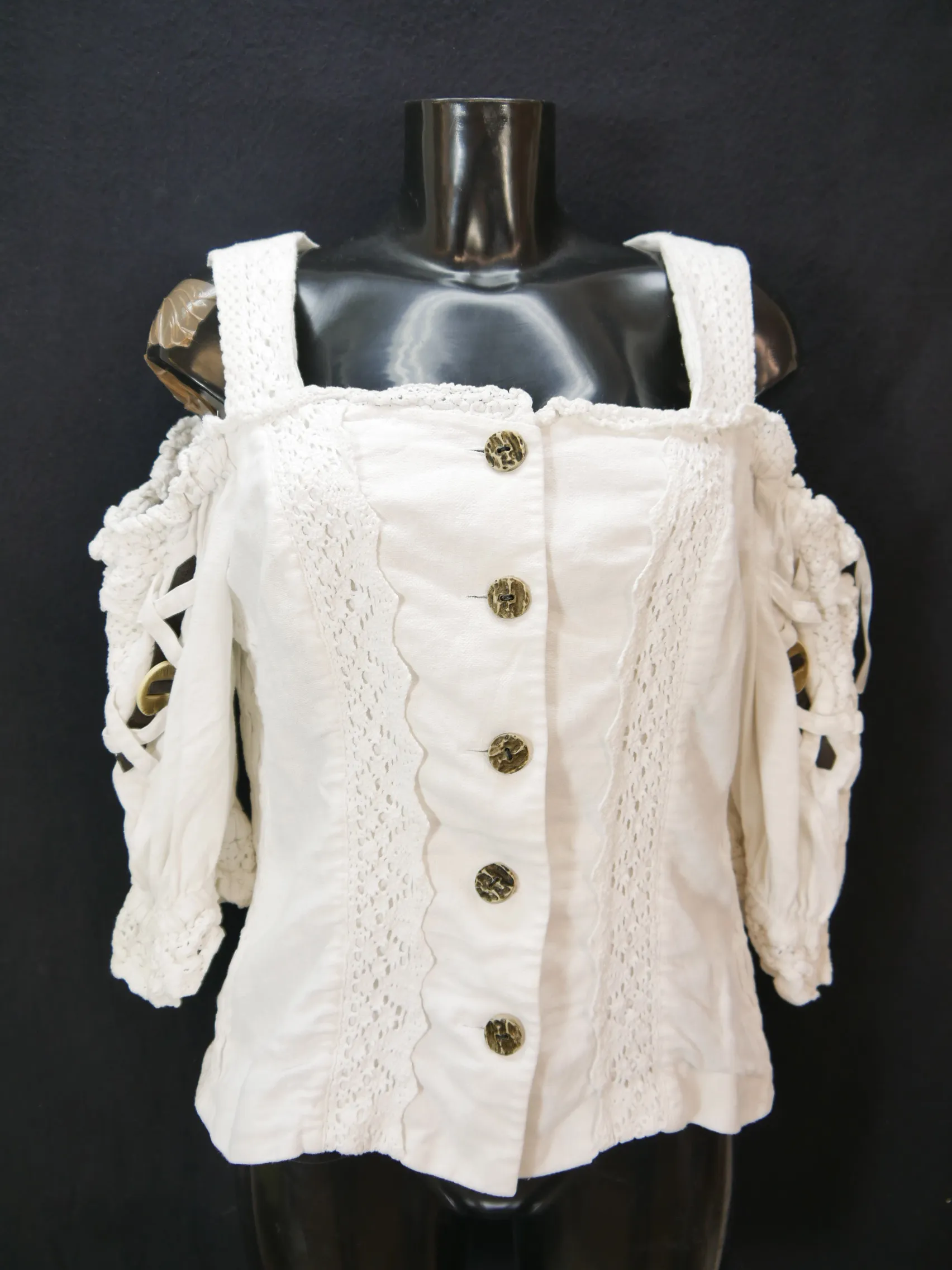 Gr.44 Trachtenbluse weiß Bluse Solo mit Stretch Spitze Leder schulterfrei TB8380