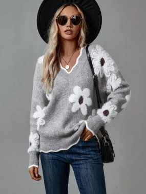Heidi-Mode | Pull Gris À Col En V Et Imprimé Floral