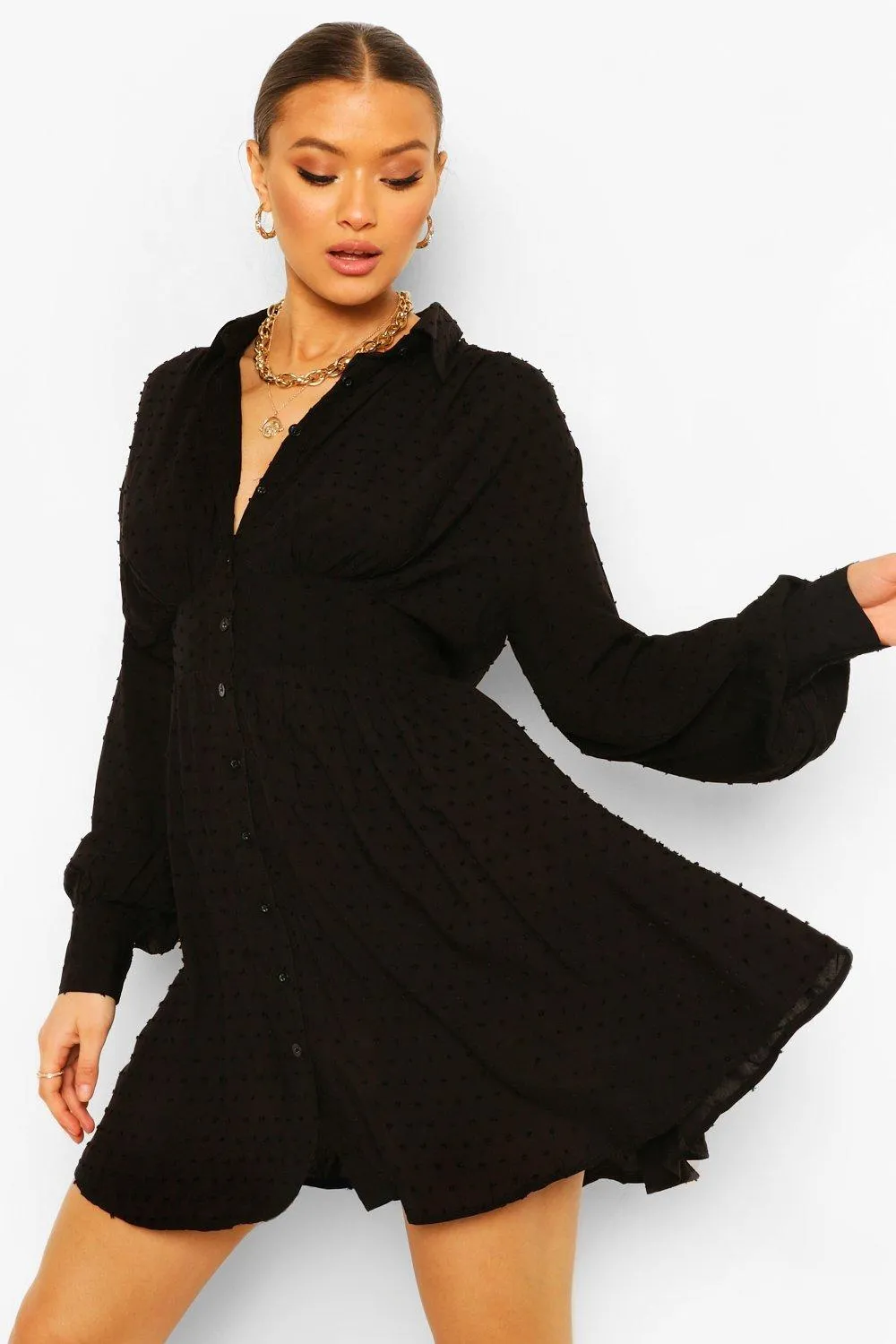 Hemd-Kleid mit gerafften Schultern