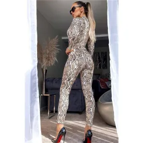 Sexy Damen Bodycon Overall Jumpsuit mit Schlangenmuster Stone