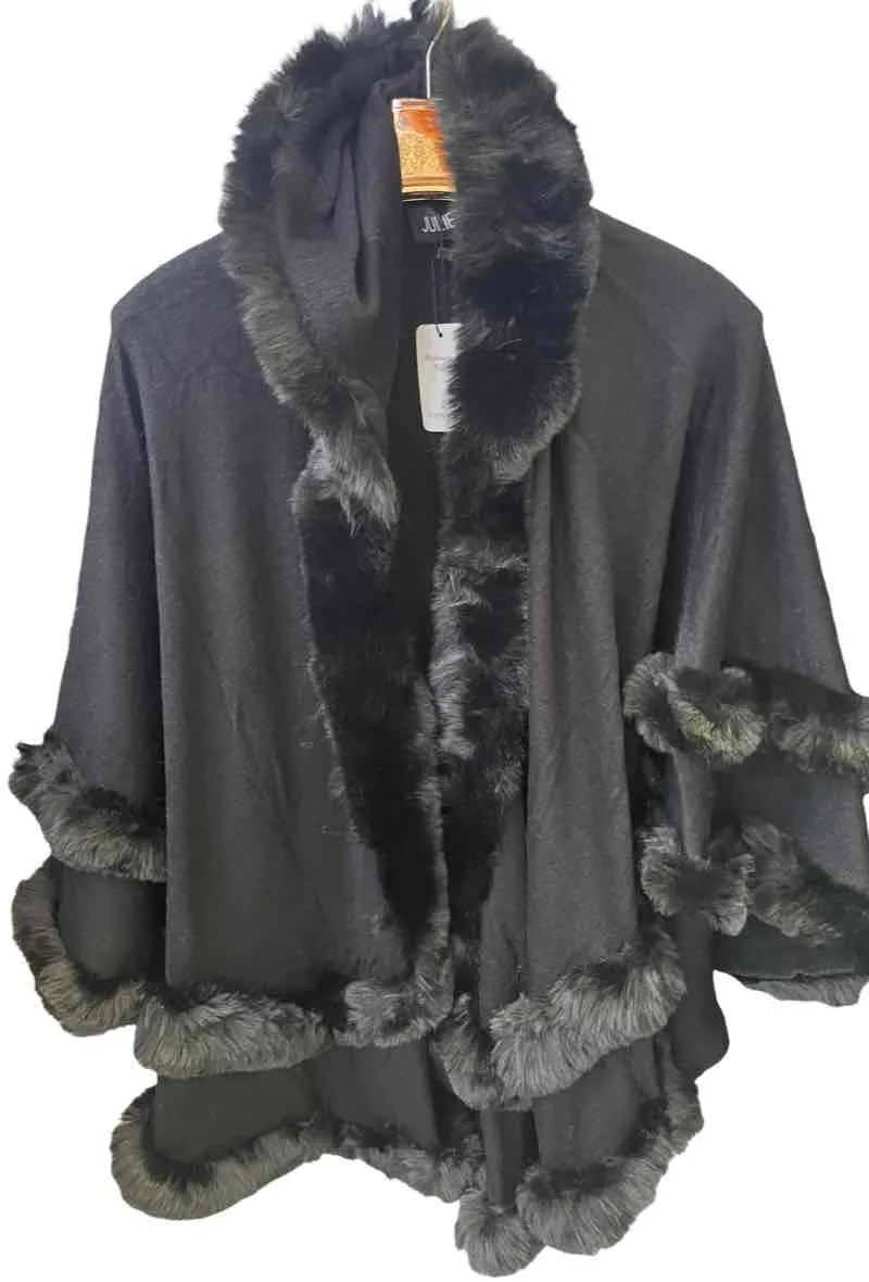 Synthetic fur poncho with hood