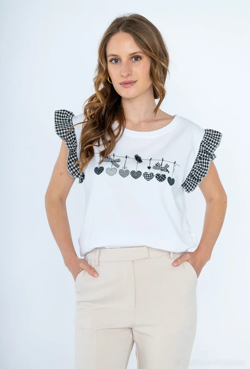 T-Shirt mit Herzmuster und karierten Ärmeln