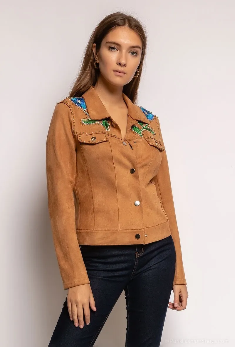 Wildlederjacke mit Blumenaufnähern